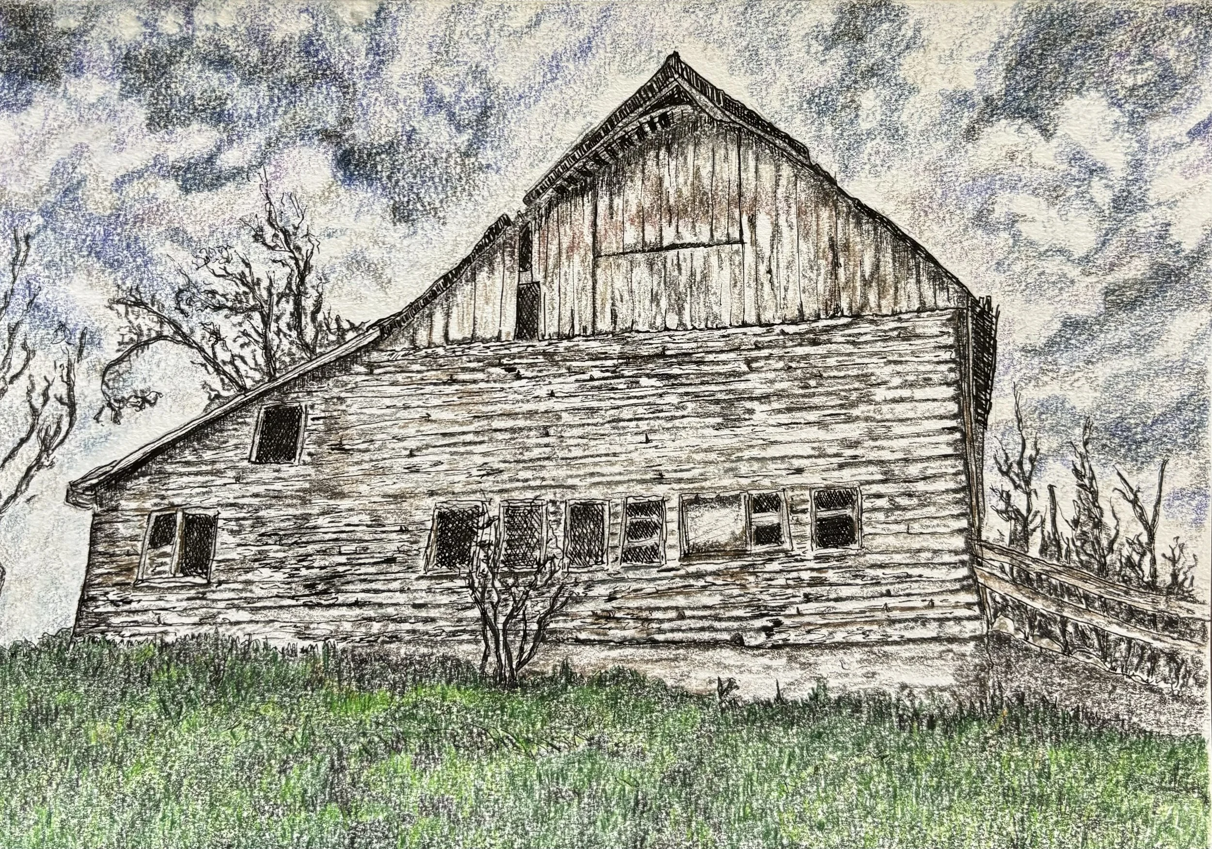 Old Barn  Pen and Ink, Coloured Pencil (Unframed), 7 x 10 inches