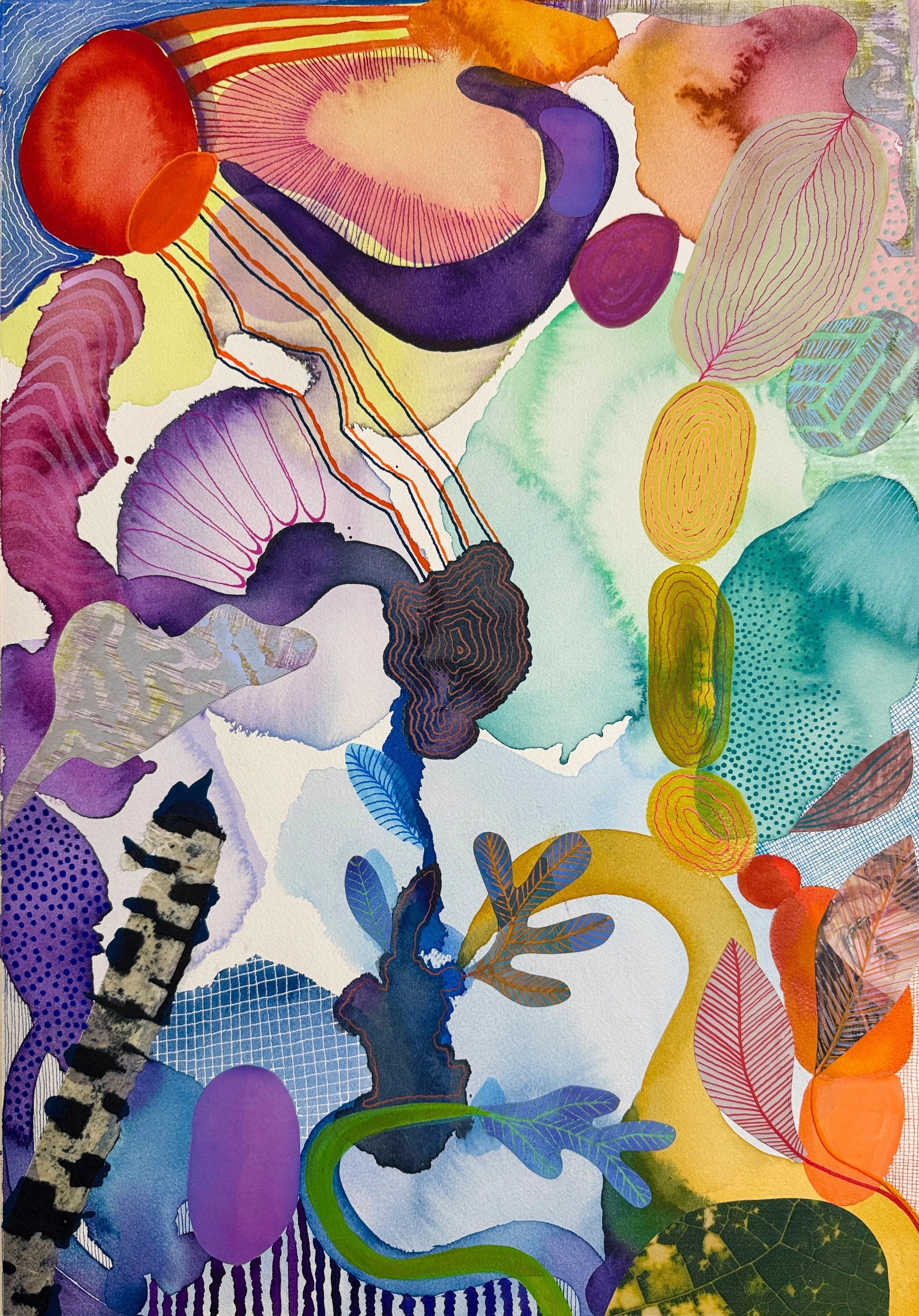 Layers on bright colors in watercolor swirl around making organic shapes with lines in contrasting colors add texture.