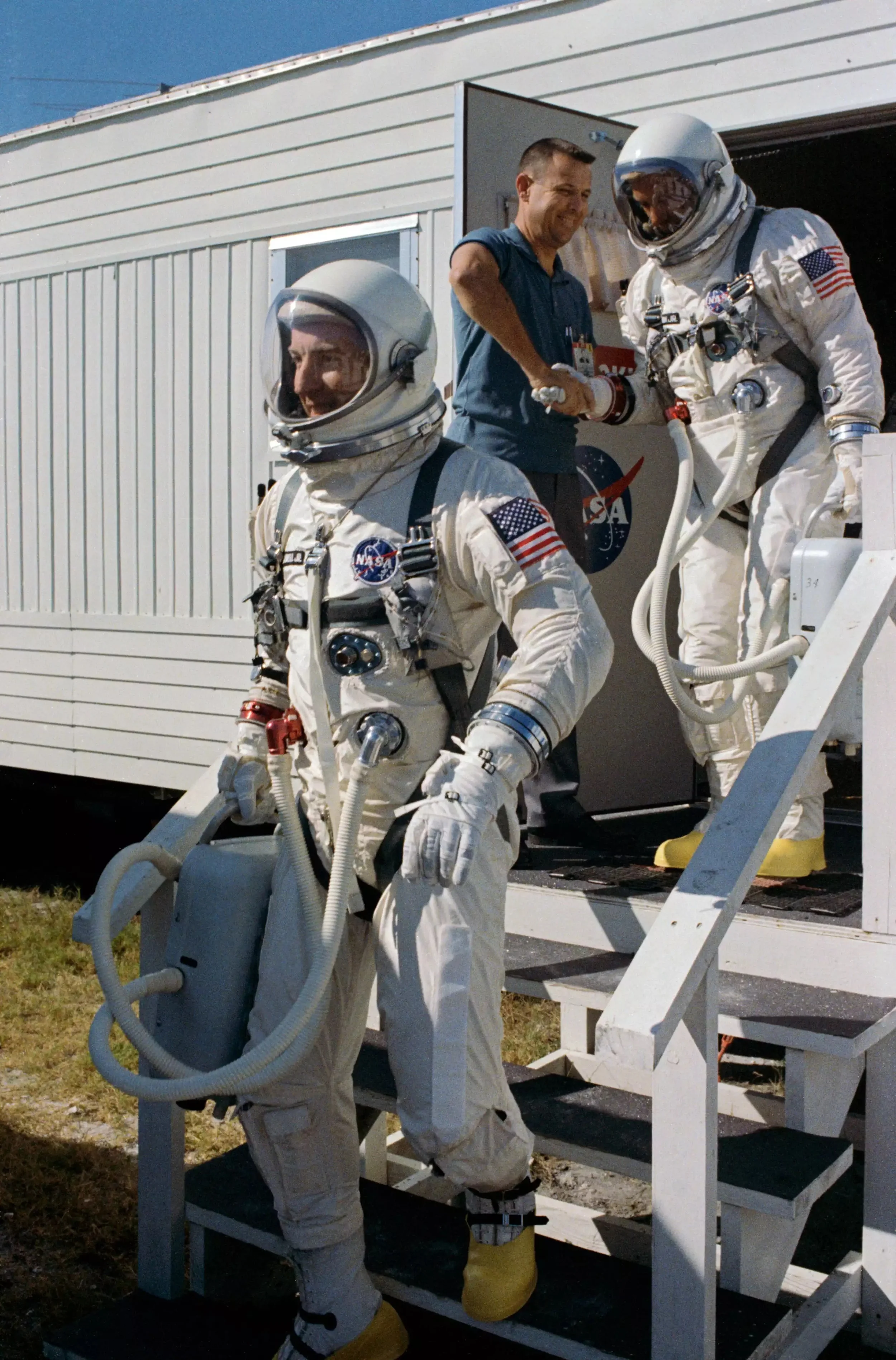 Jim Lovell (left) and Buzz Aldrin (right) on the way to the Titan II GLV rocket. Source: Wikipedia