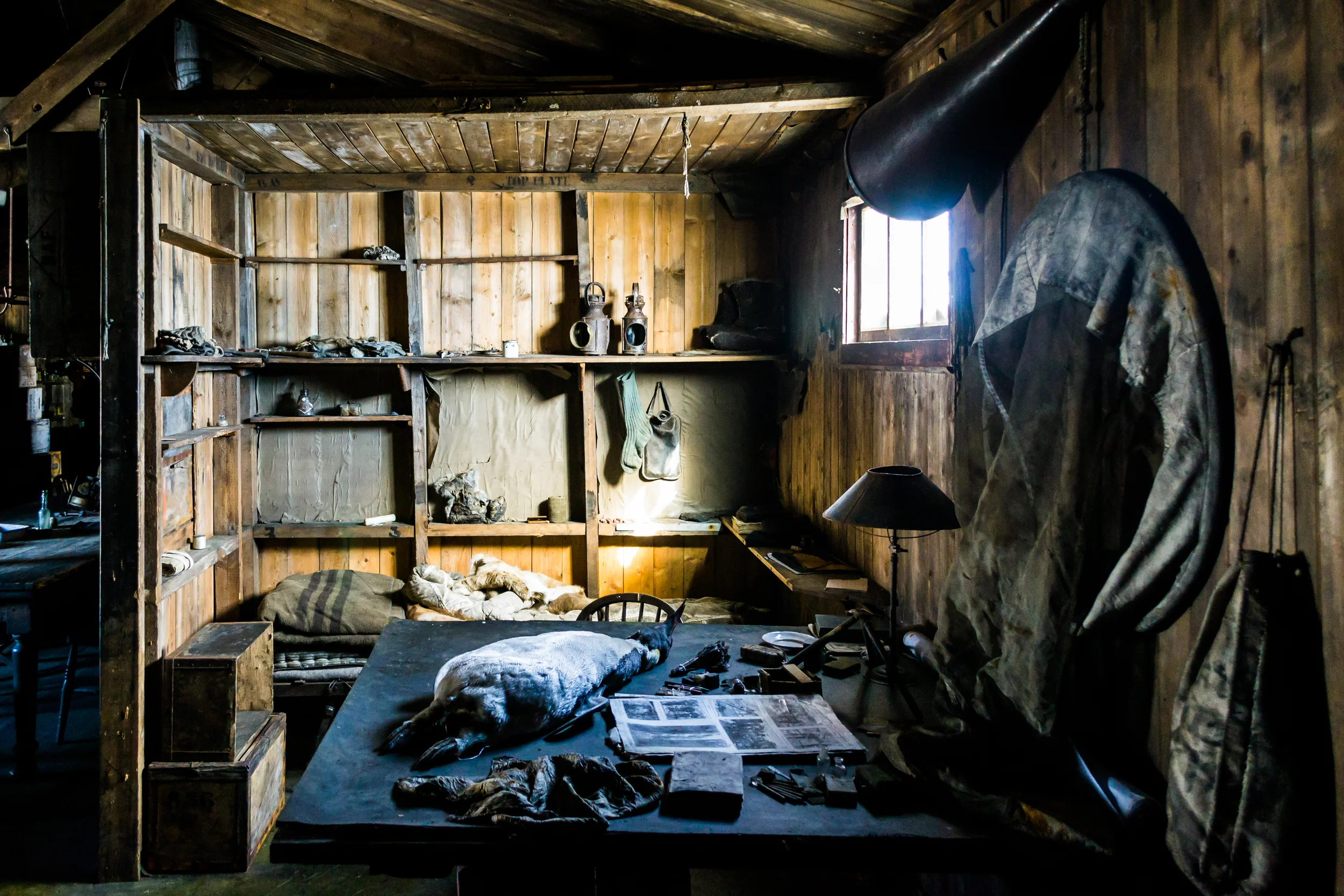 Modern photograph of the interior of Scott's hut, unchanged since 1913. Cape Evans, Ross Island, Antarctica. Photo: Flickr