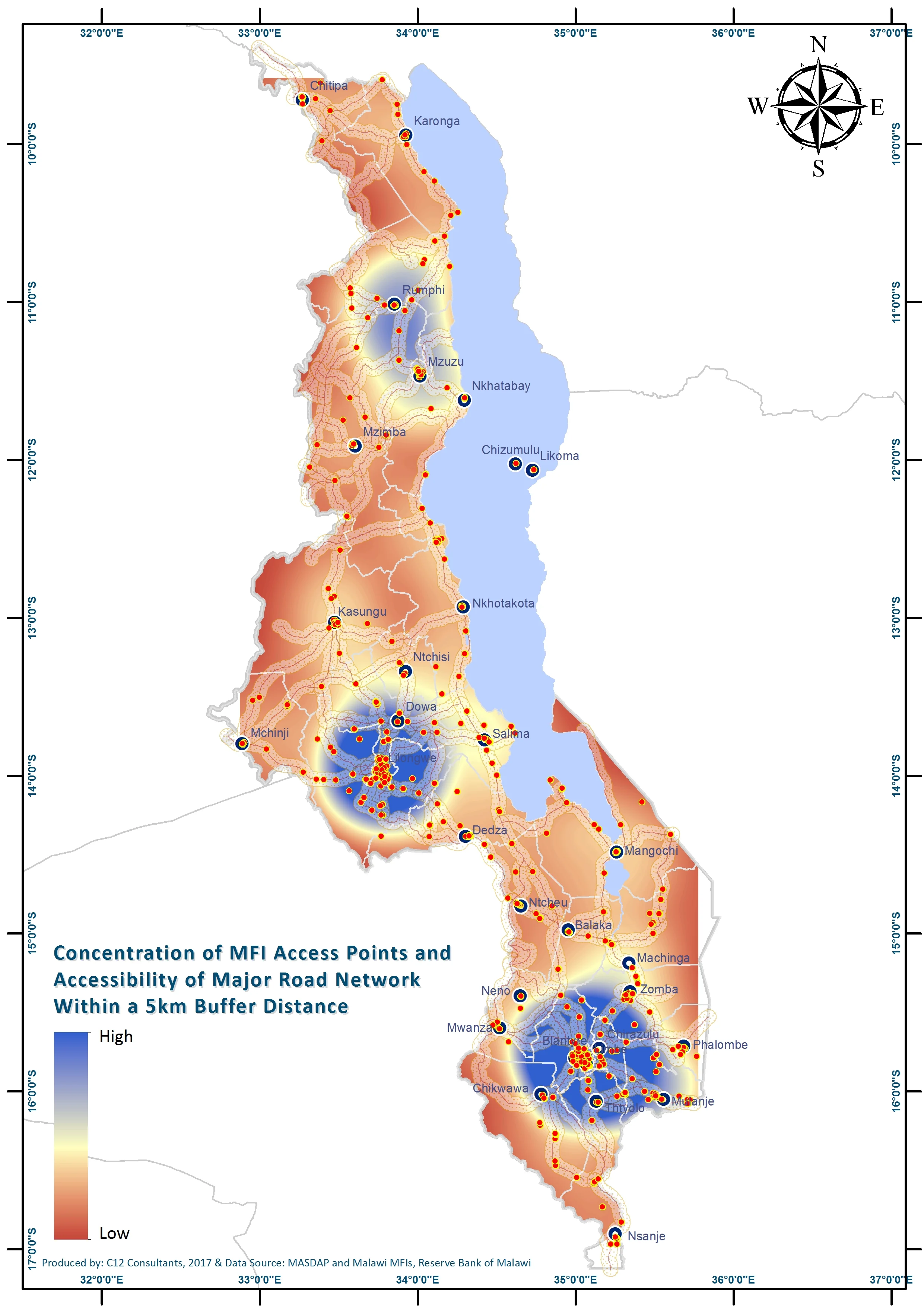 Map 3_Concentration of MFI Access Points and Accessibility of Major Road Network Within a 5km Buffer Distance.jpg