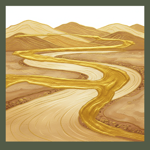A gold ink illustration of a winding river flowing through a hilly landscape on a white background.