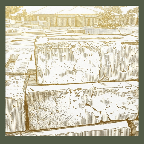 A gold ink engraving on textured paper showing two rough-textured architectural bricks stacked centrally, with rows of bricks extending into a patterned background and a corner monogram.