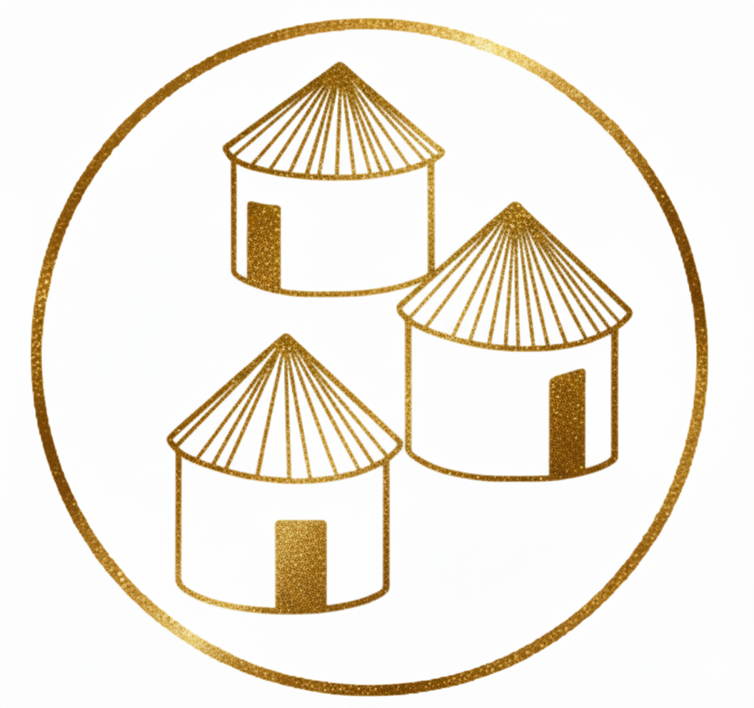 A circular gold icon depicting three traditional thatched-roof huts (rondavels) arranged in a cluster.