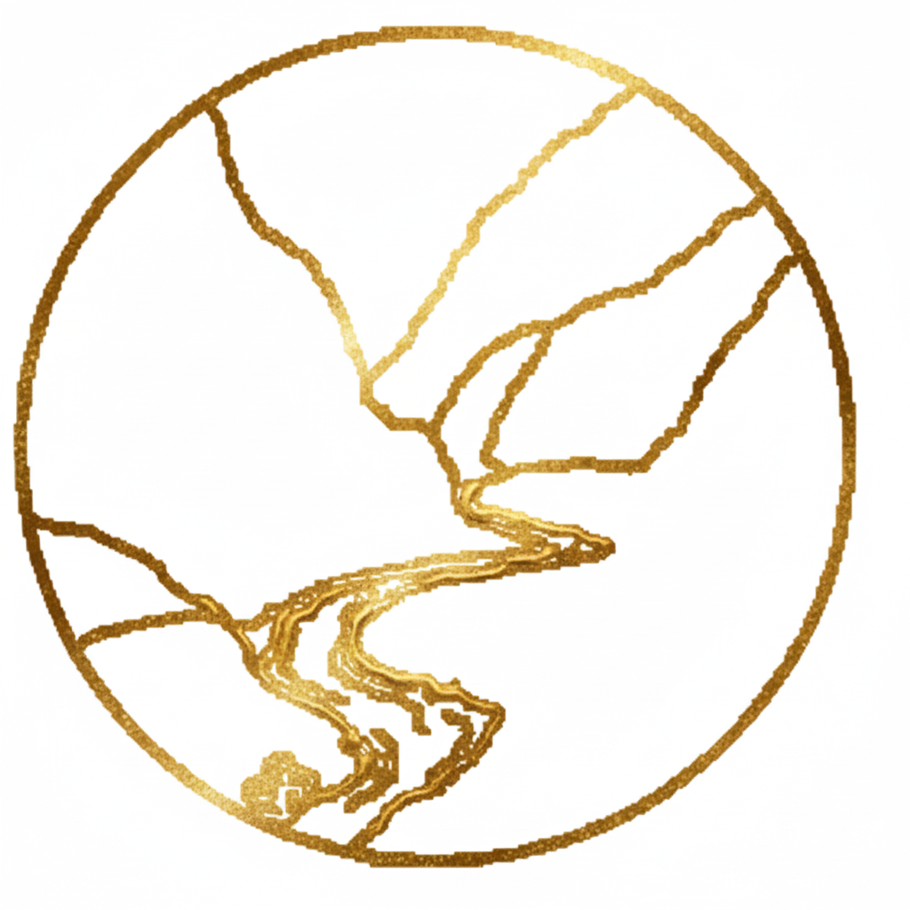 A circular gold icon showing a winding river flowing through a valley between hills or mountains, enclosed in a gold ring.