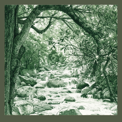 A patterned green ink illustration, on a clean white background, of a rocky mountain river rushing over boulders, viewed through an overhanging tree arch.