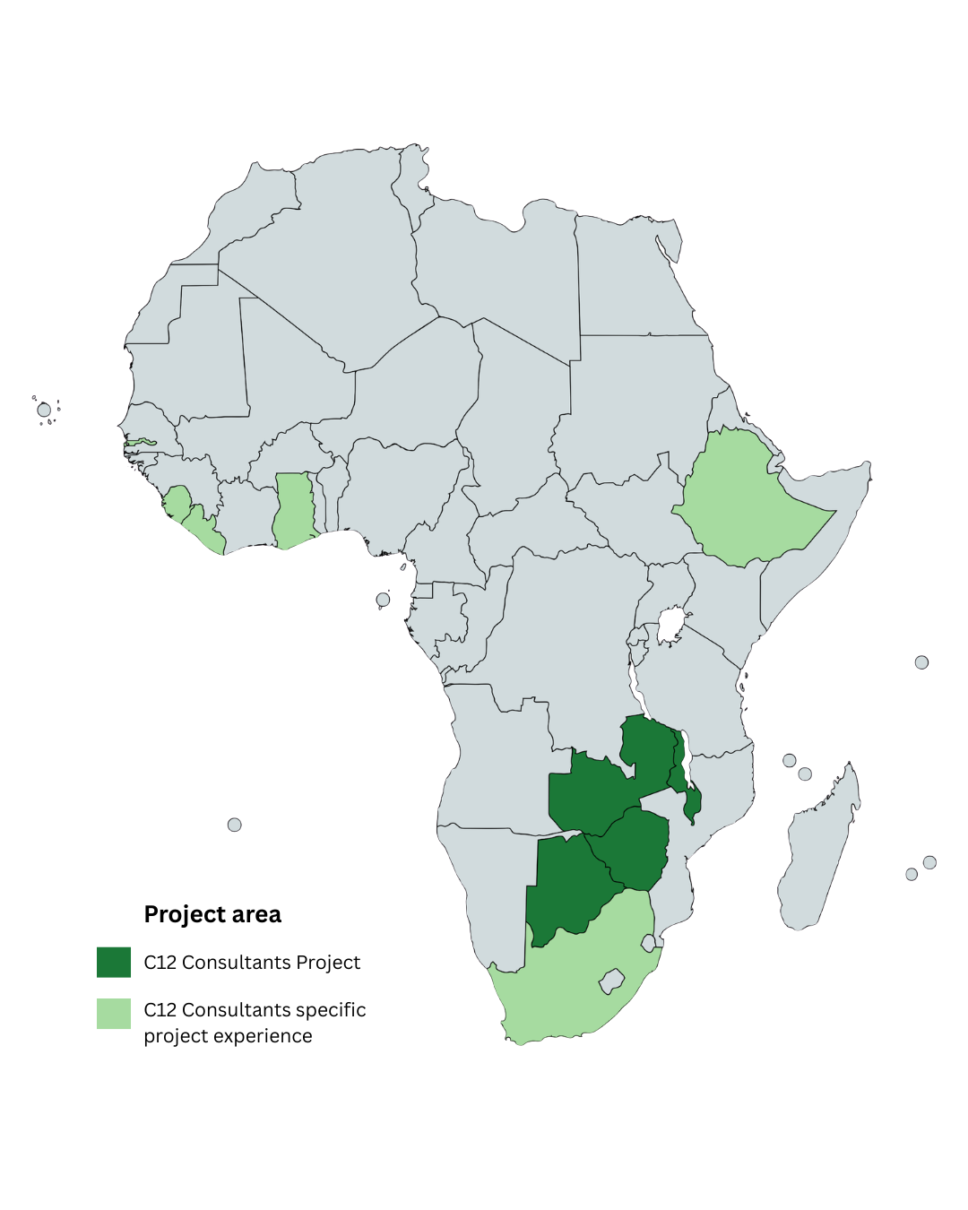 Map showing C12 Consultants' projects in Africa