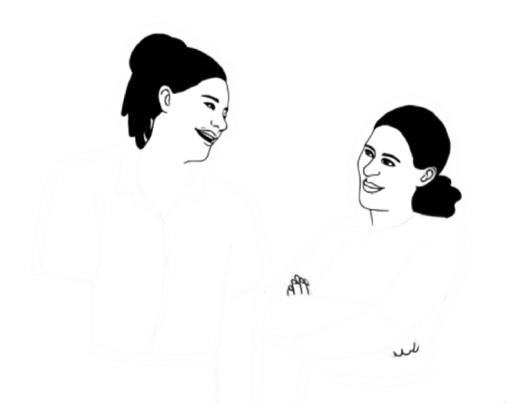 A white line art illustration of two women standing and talking. One woman has her hair in a bun and is laughing, while the other has her arms crossed and is smiling back in a friendly conversation.