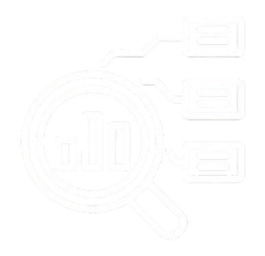 A white line icon featuring a magnifying glass focused on a bar chart, with three data callout boxes connected to the right.