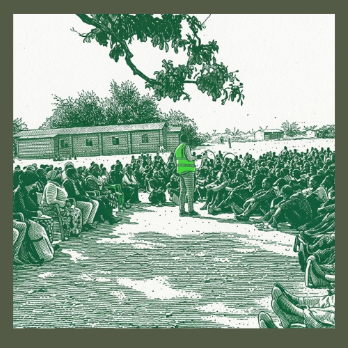wide photograph of a massive outdoor community gathering in a dusty field, viewed from under large tree branches, with people seated and one speaker standing.
