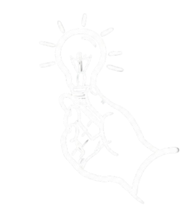 A white line art illustration of a hand holding a glowing lightbulb, symbolizing a new idea or a moment of discovery.