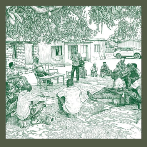 A green line drawing of a community gathering in a rural village. A man stands and addresses a group of people seated on chairs and mats under the shade of a large mango tree. Brick houses and a parked SUV are visible in the background.