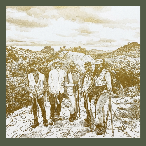 A group of five people in safety vests and hats stand on a large rock, holding wrapped staffs, with a vast, rolling green landscape of bushes, trees, a conical hill, and mountains in the background.