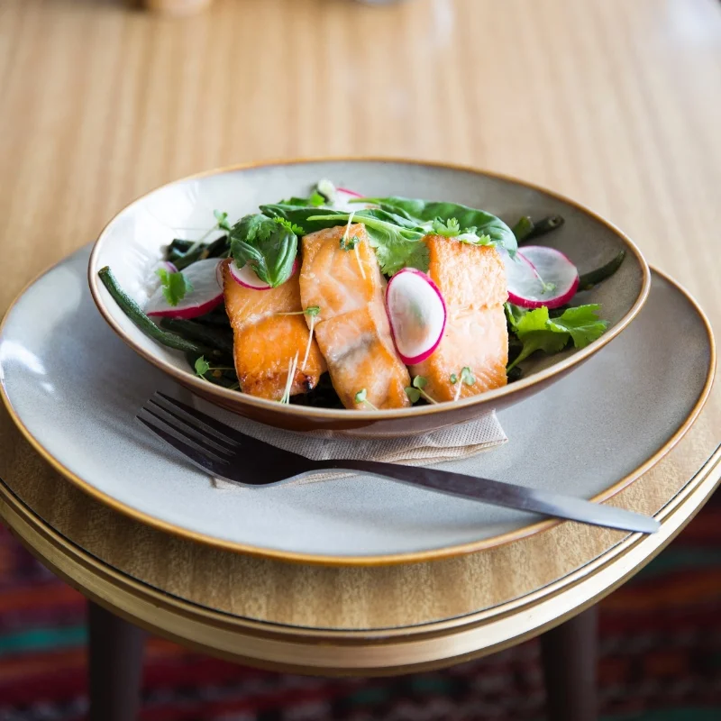  Atlantic salmon with snake beans, rice and chilli sambal. 