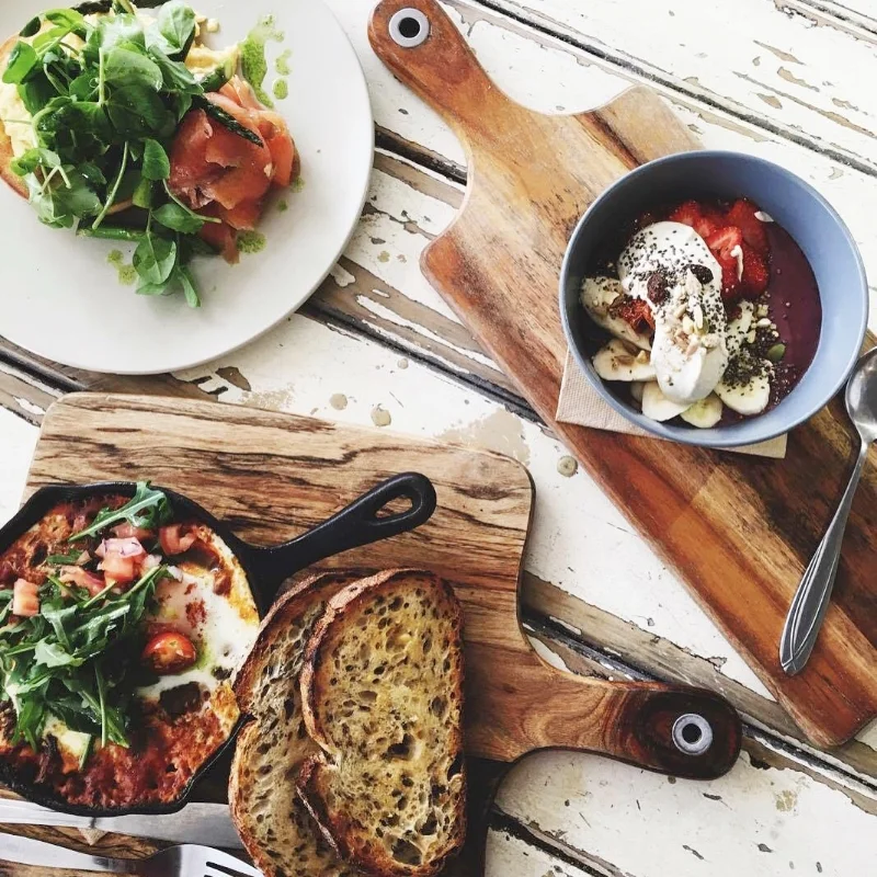  Breakfast dishes, Oven baked eggs, chirzo and beans, Eggs, asparagus and salmon, Acai bowl. 