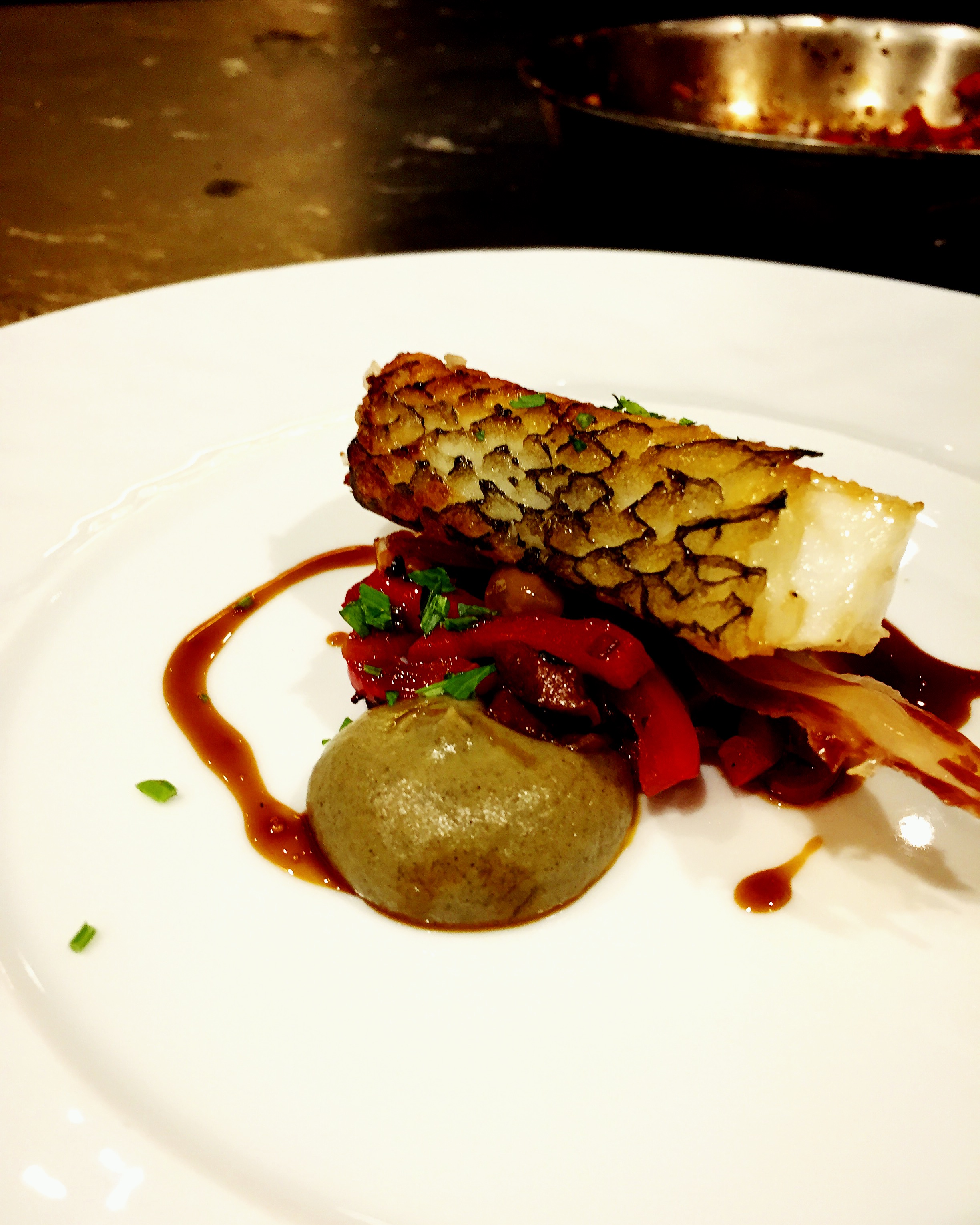Roasted toothfish, eggplant, peppers and olives