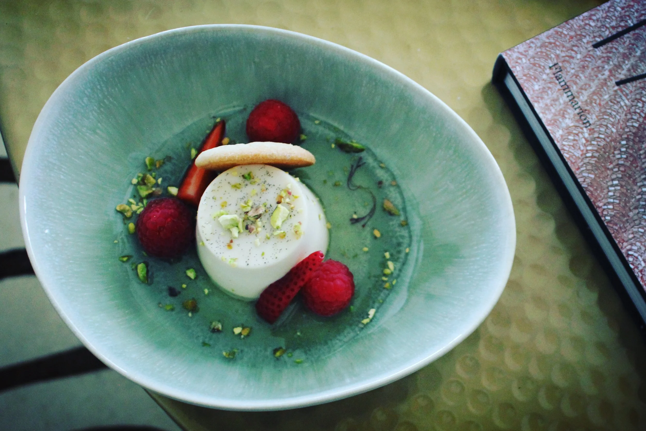 Rose water, almond and honey cream with raspberry and Greek shortbread. 