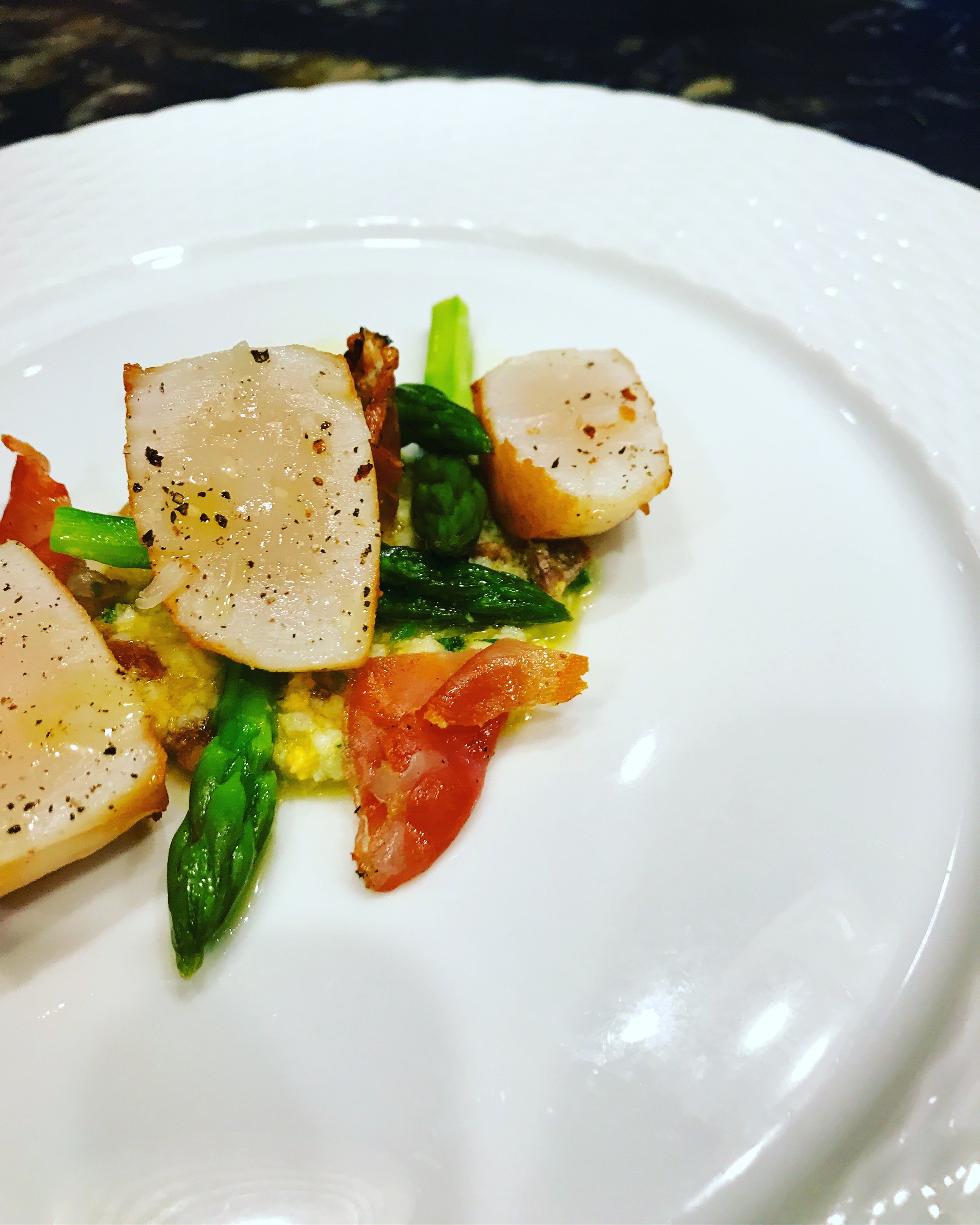 seared scallops and spring asparagus with egg, anchovy and prosciutto