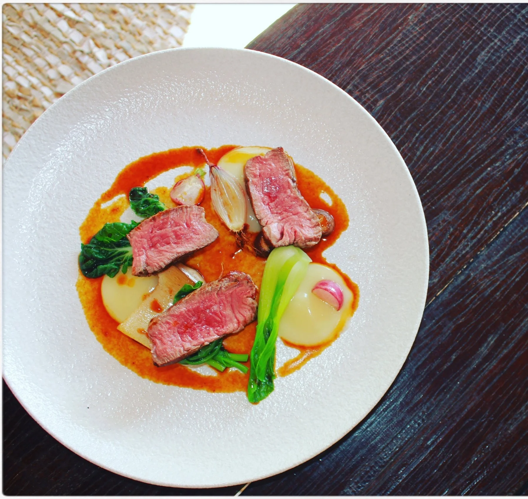 Beef fillet, celeriac, soy braised brisket, sesame & greens
