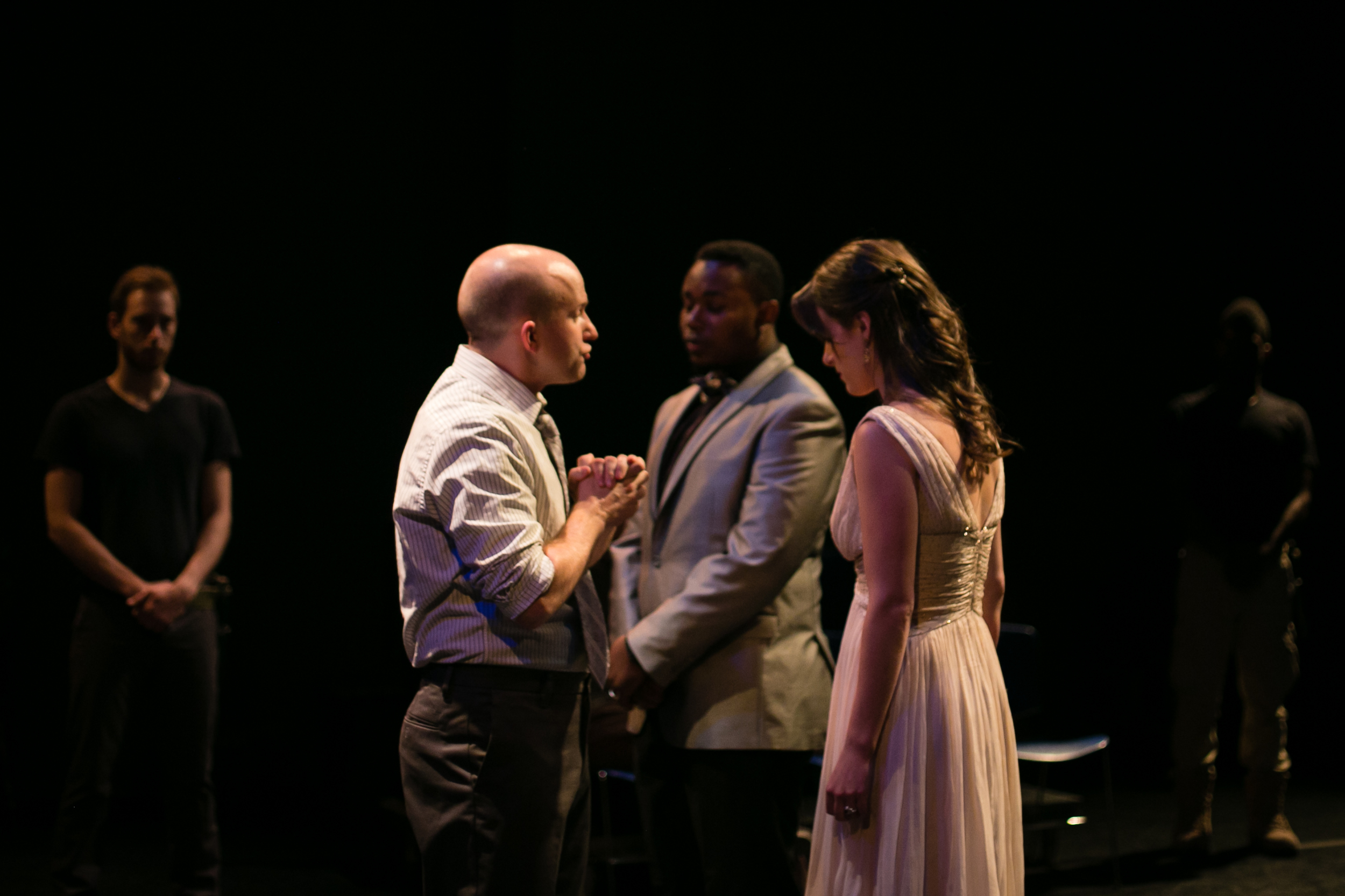  "...but here's my husband." (L-R: Matthew Whitfield, Kevin Sims, Marcel Spears, Alice Renier, Jak Watson.)&nbsp; The Tragedy of Othello, the Moor of Venice , Schapiro Theater, 2014. Photo by&nbsp; Amy Sims . 