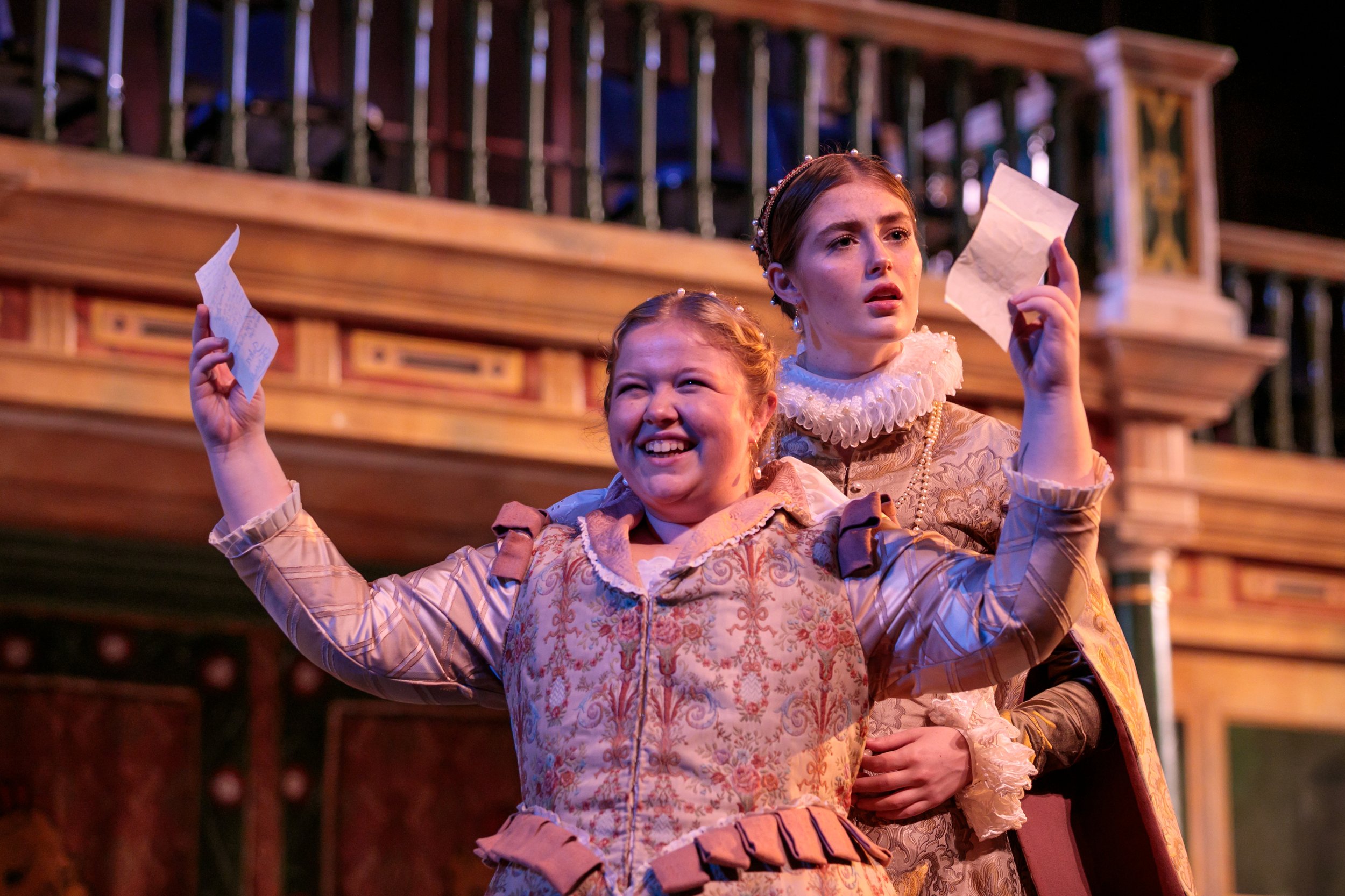  “Here’s the twin-brother of your letter..” (L-R: Chloe Selznick, Katie King.)  The Merry Wives of Windsor , Hofstra University, 2023. Photo by Trent Campbell. 