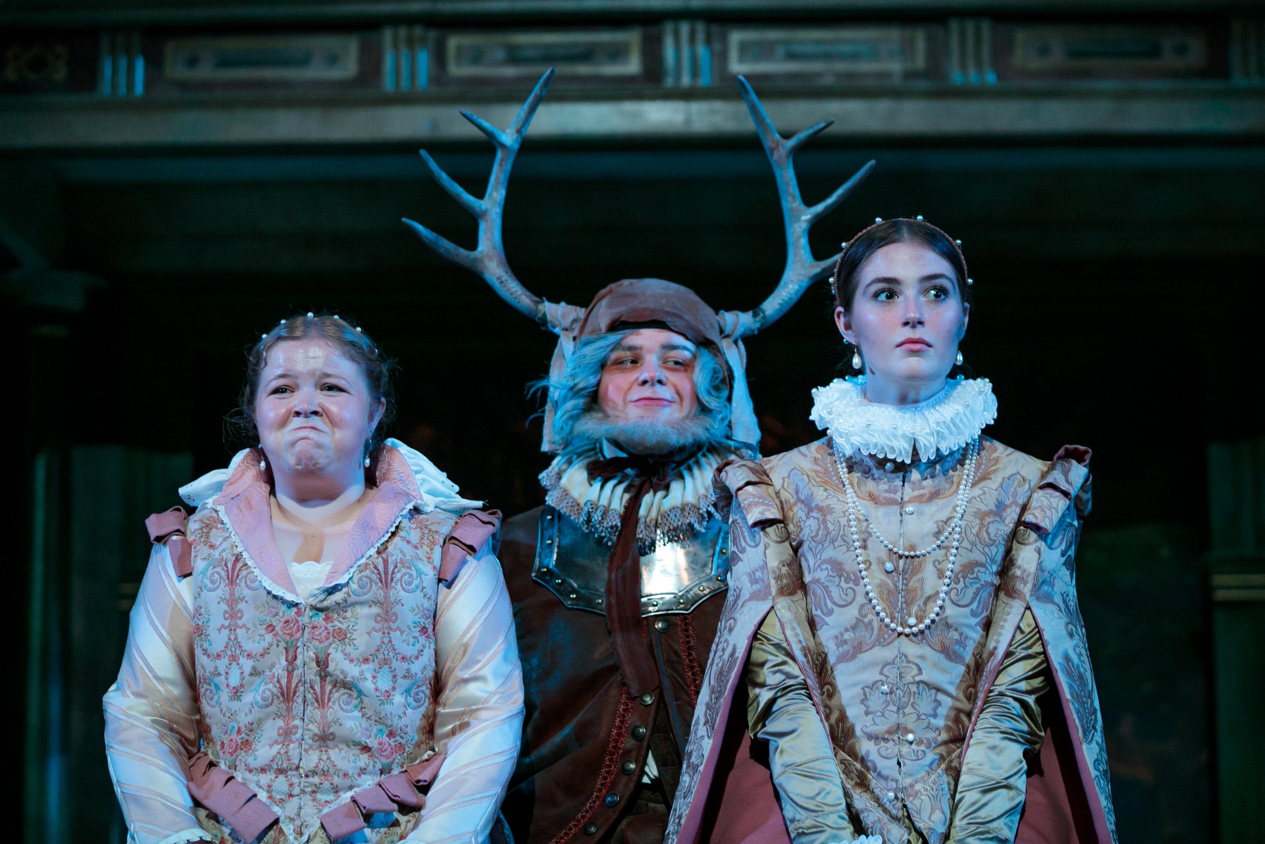  “Divide me like a brib’d buck: each a haunch.” (L-R: Chloe Selznick, Dylan Morin, Katie King.)  The Merry Wives of Windsor , Hofstra University, 2023. Photo by Trent Campbell. 