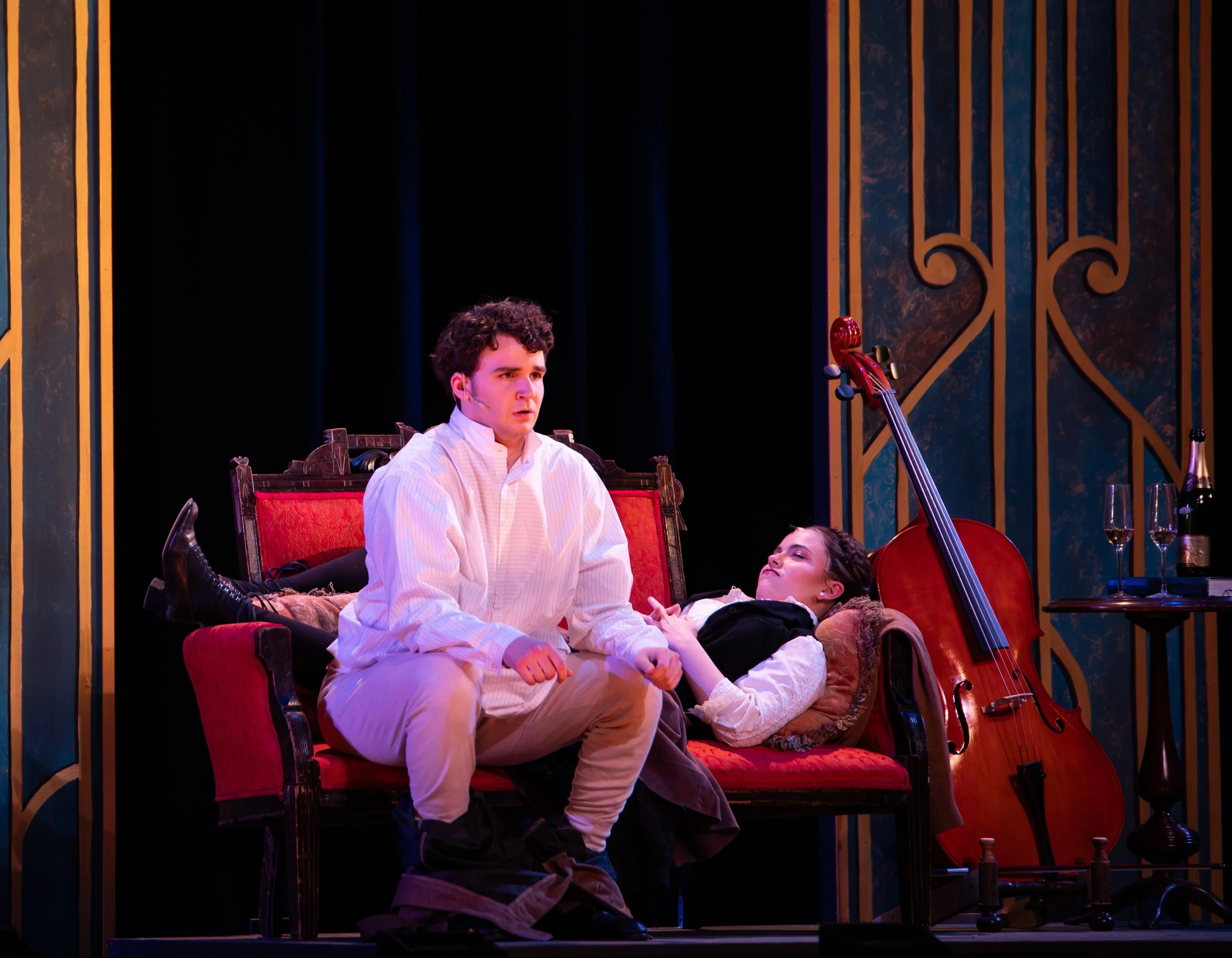  “We have sinned… and it was a complete failure!” (L-R: Andrew Canese, Mallory Alvarez.)  A Little Night Music,  Hofstra University, 2026. Photo by Mia Thompson. 