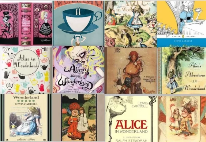 Alice has seen many makeovers throughout her perpetually youthful literary decades. My personal favorite is the copy I own--middle row, second from the left--because I feel the goth illustrations really suit the eeriness of the story. 