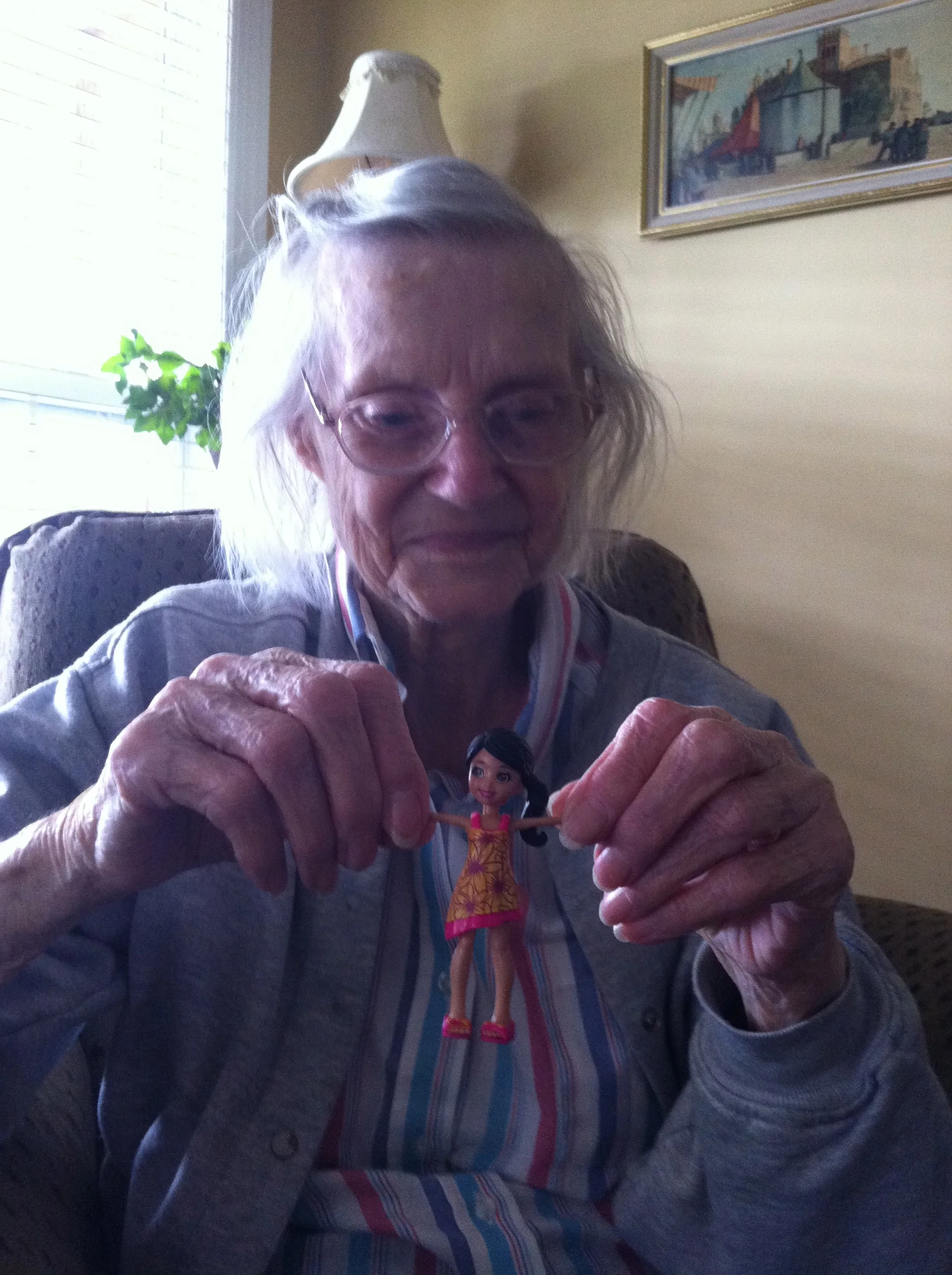 Visiting Nona in the assisted living home on the Fourth of July in 2012. I thought a toy might cheer her up. 