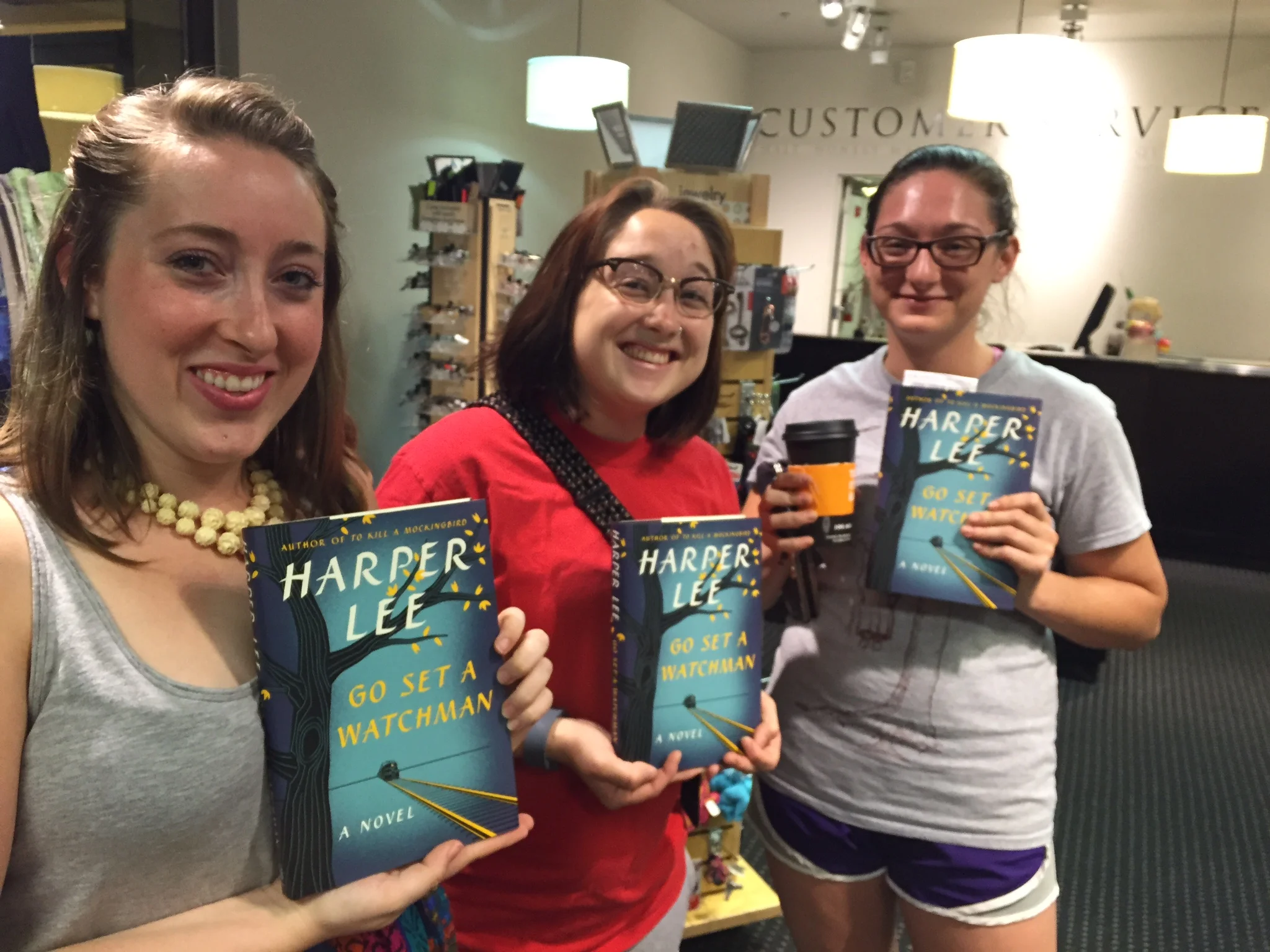 Me and my friends at Books-a-Million for the midnight release of Go Set a Watchman ! From left to right it's me (Mandy Shunnarah), Kyrsten Matthews, and Allie Curlette. We're pretty pleased with ourselves! :D