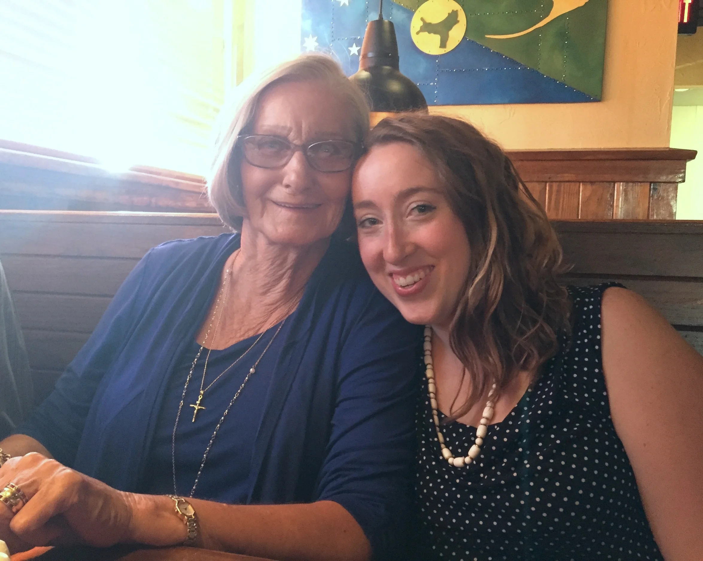 My sweet Granny, left; me and my wild hair day, right. This picture was taken at Outback Steakhouse for her 74th birthday, but we're not here to judge her taste in chain restaurants. 