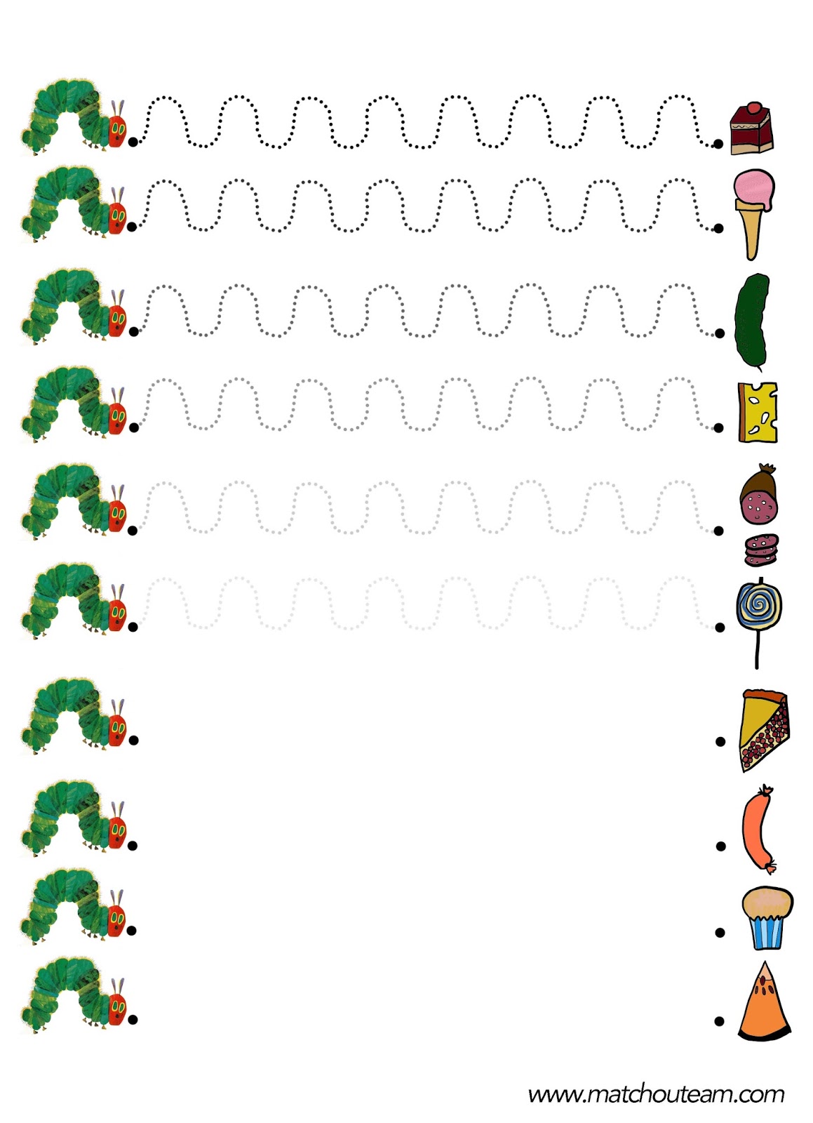 Pre-writing: Draw the wavy line of the caterpillar's path for each row.