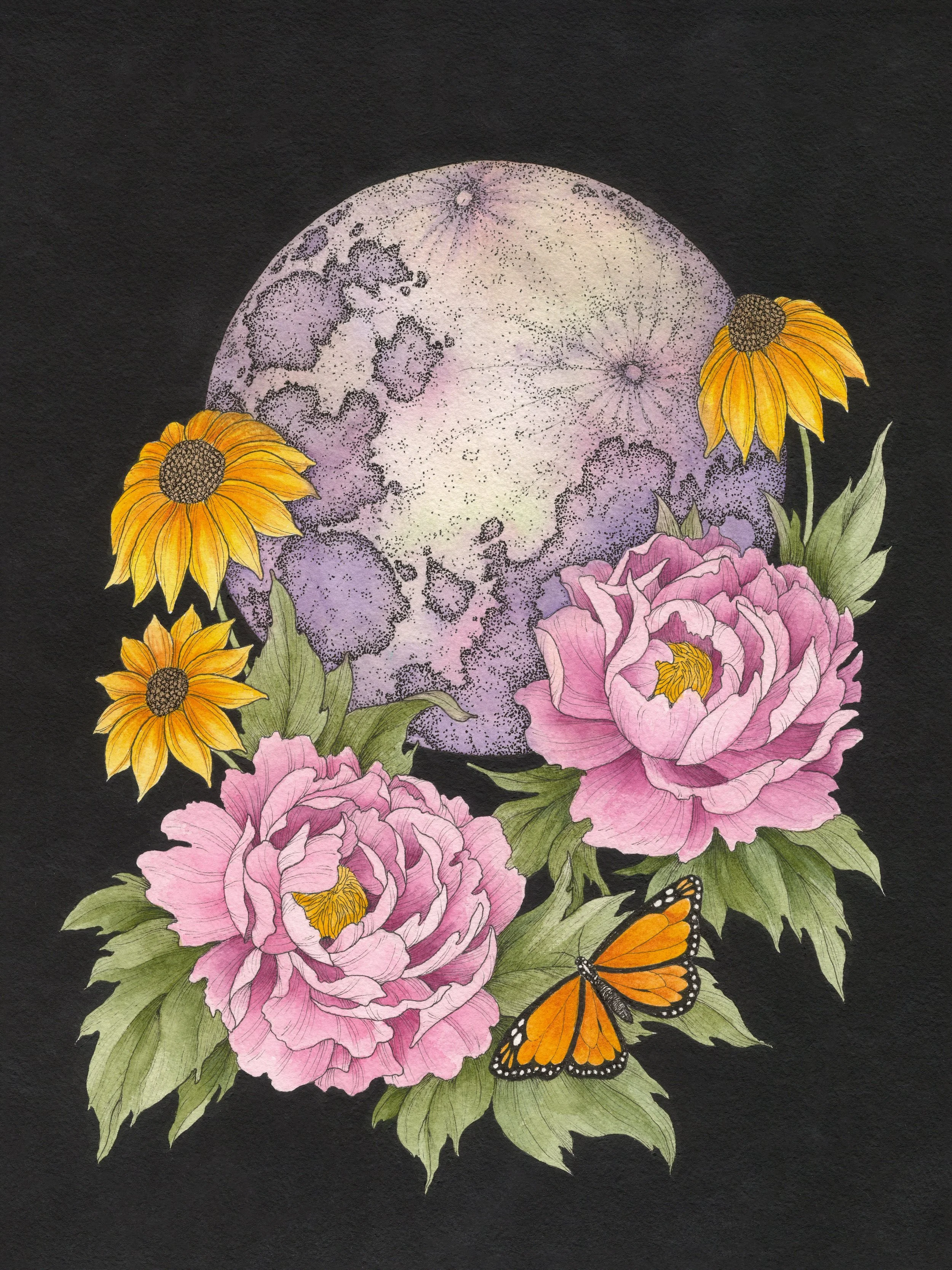 "Full Flower Moon" Pen & Ink; Gouache; Watercolor