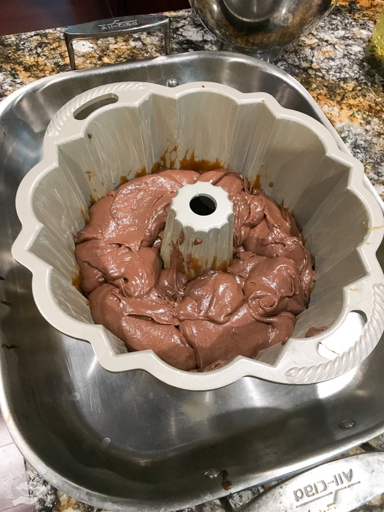 Cake batter goes in first!