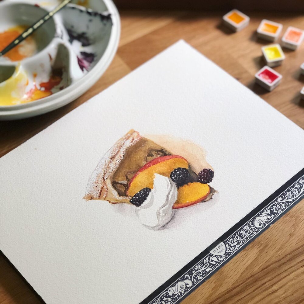 No big Colorado peaches this year due to a big freeze in April. 2020 strikes again. I usually buy multiple 20 pound boxes of those beauties each summer at our local produce store, but not this year! So instead, I painted a stunning slice of @zoebakes