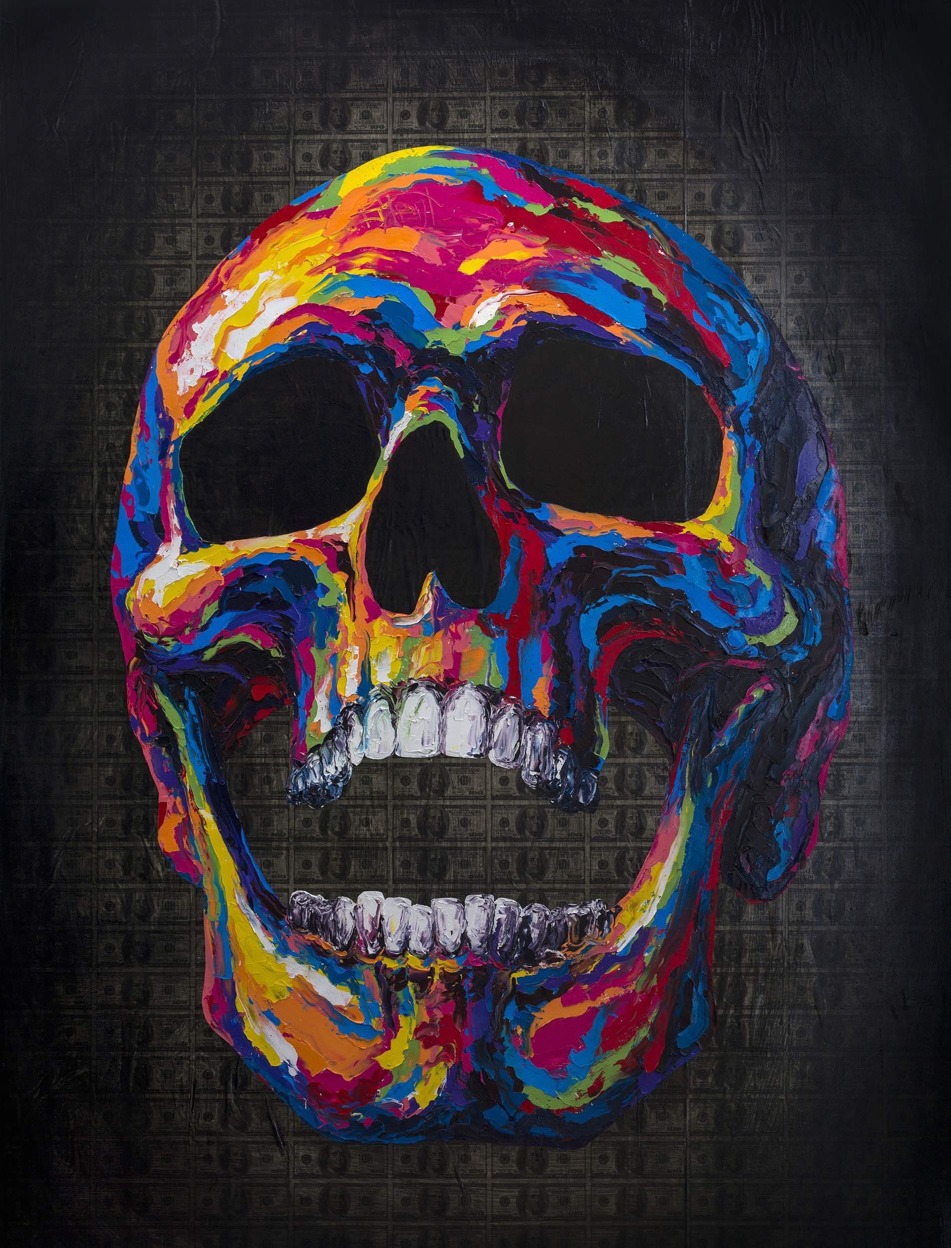 Colorful Textured Oil Collage Paintings Of Skulls Teddy Bears