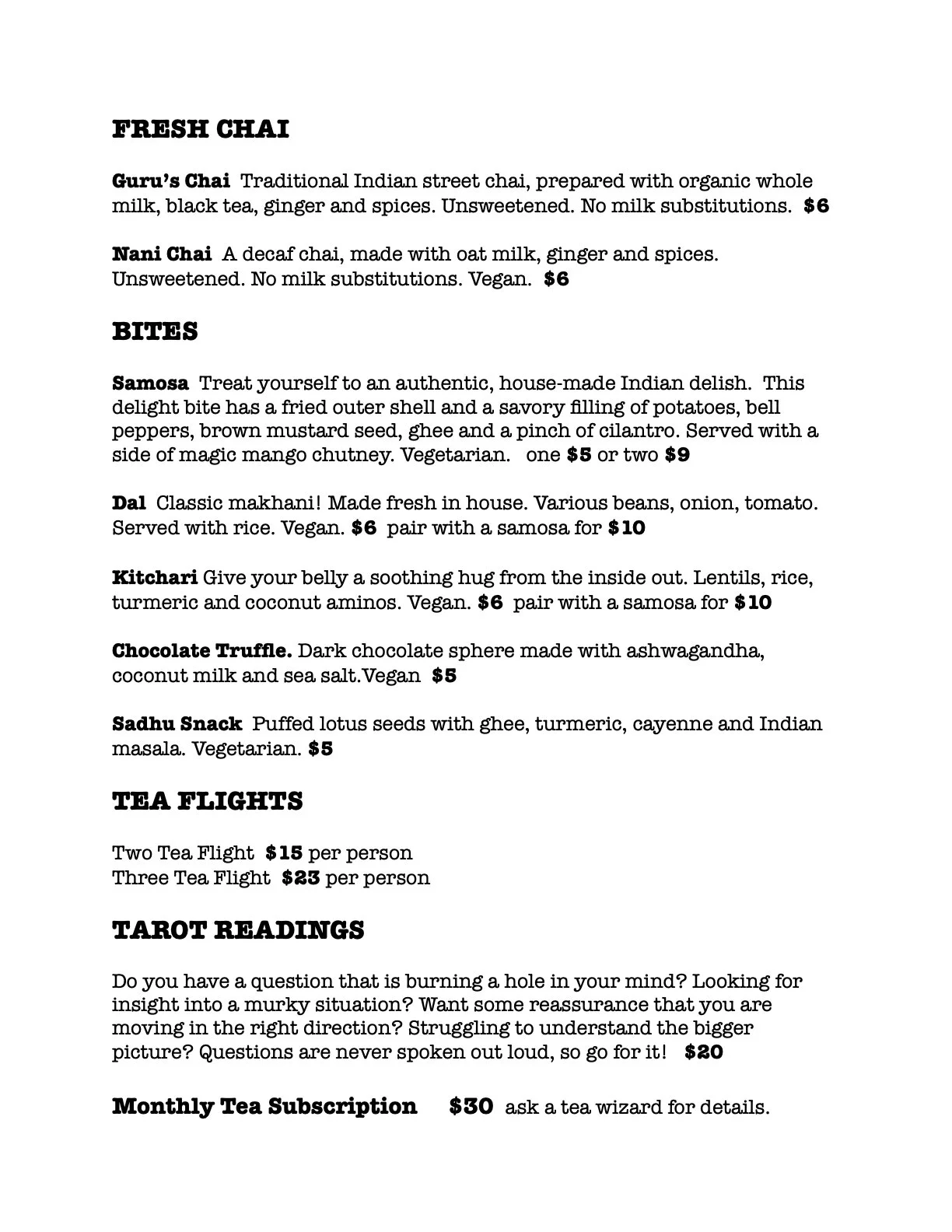 Menu — Fly Awake Tea House