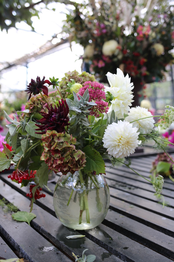 Autumn flower arrangement with dahlias and hydrangeas