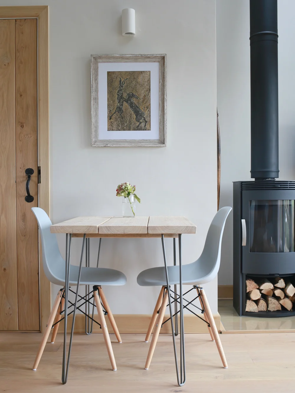 woodburner and eames chairs