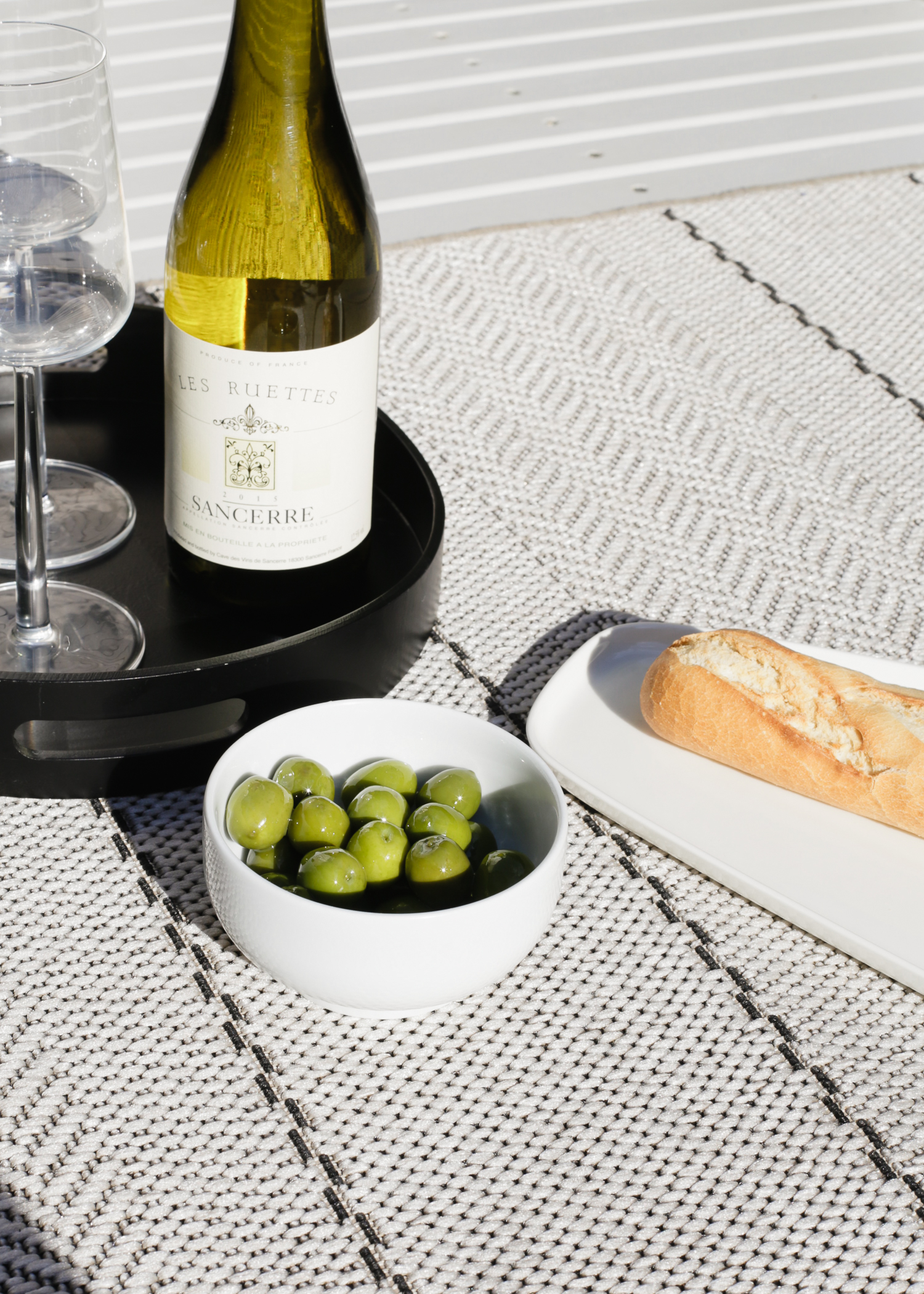 Dining al fresco Sancerre olives and baguette | Design Hunter