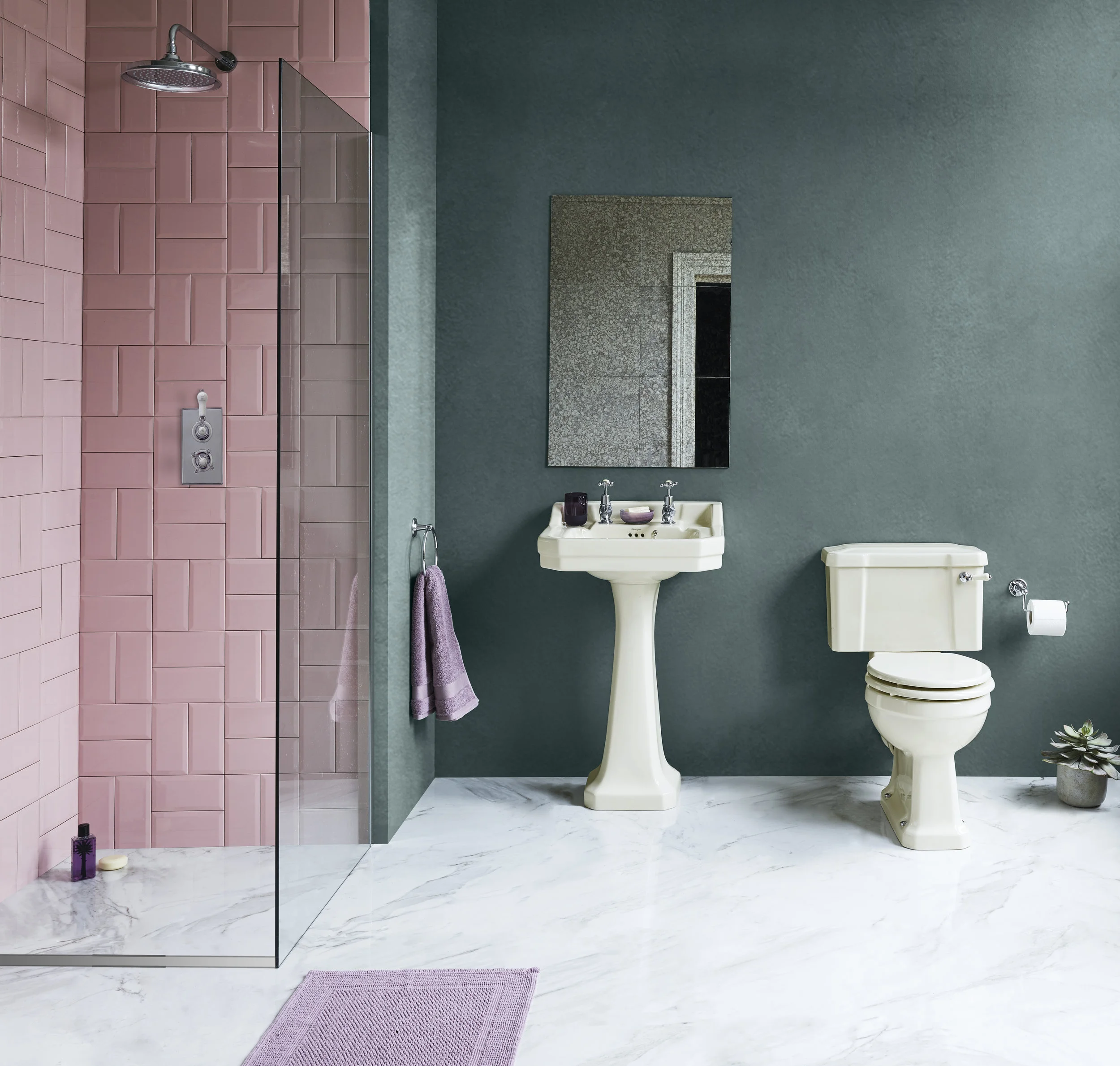 A playful colour palette for a contemporary bathroom with a hint of retro.