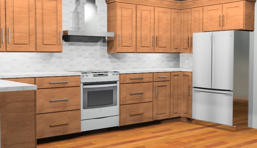3D Computer Rendering of new kitchen space illustrating carmel colored cabinetry. 