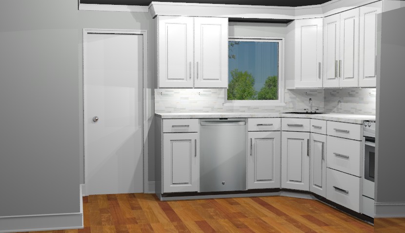 3D Computer Rendering of new kitchen space illustrating white cabinetry. 