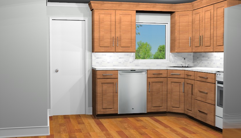 3D Computer Rendering of new kitchen space illustrating carmel colored cabinetry. 