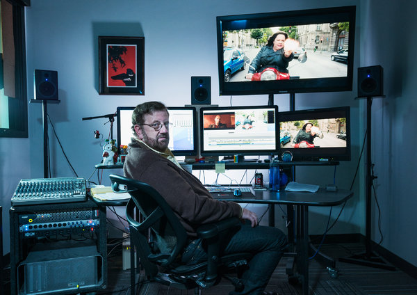 Brent White in the editing room where he worked on the Paul Feig movie Spy . (Photo: Damon Casarez for The New York Time s)