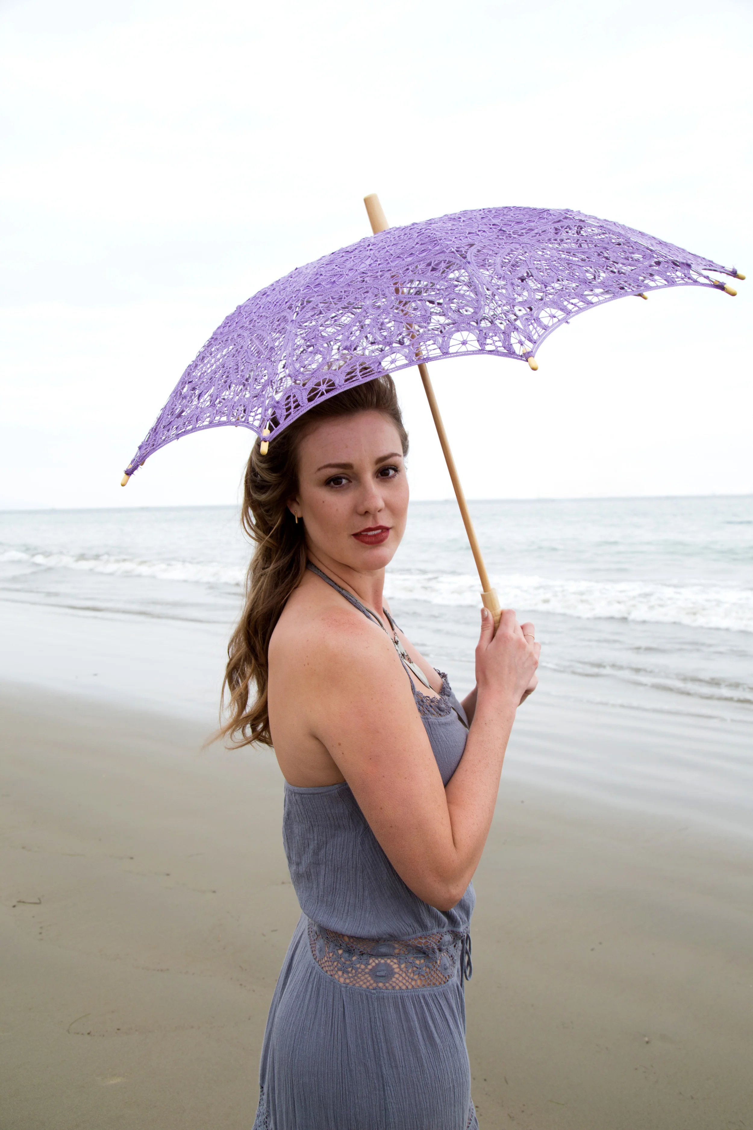Embroidered Battenberg Lace Parasol - Lavender