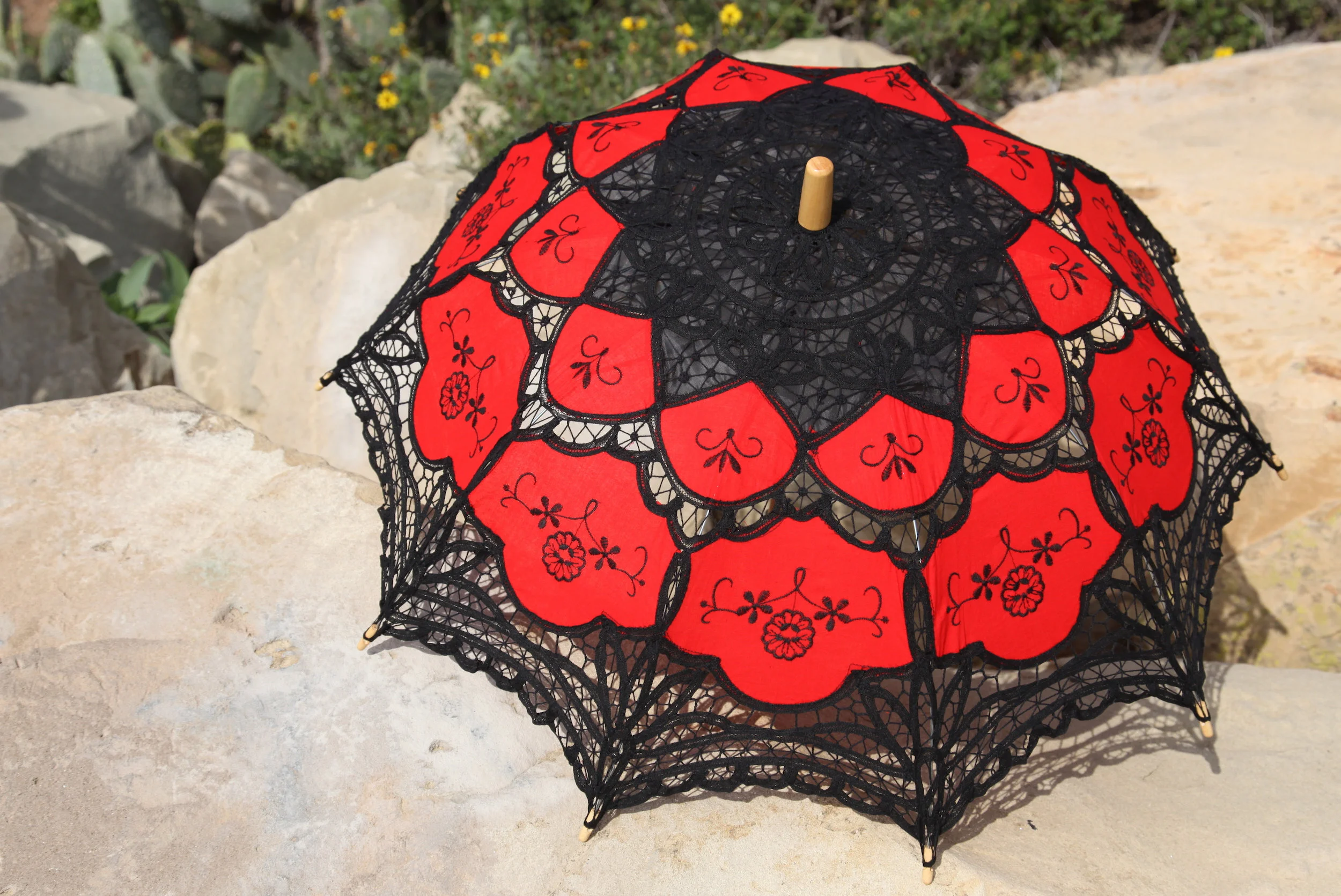 Paneled Battenberg Lace - Black and Red