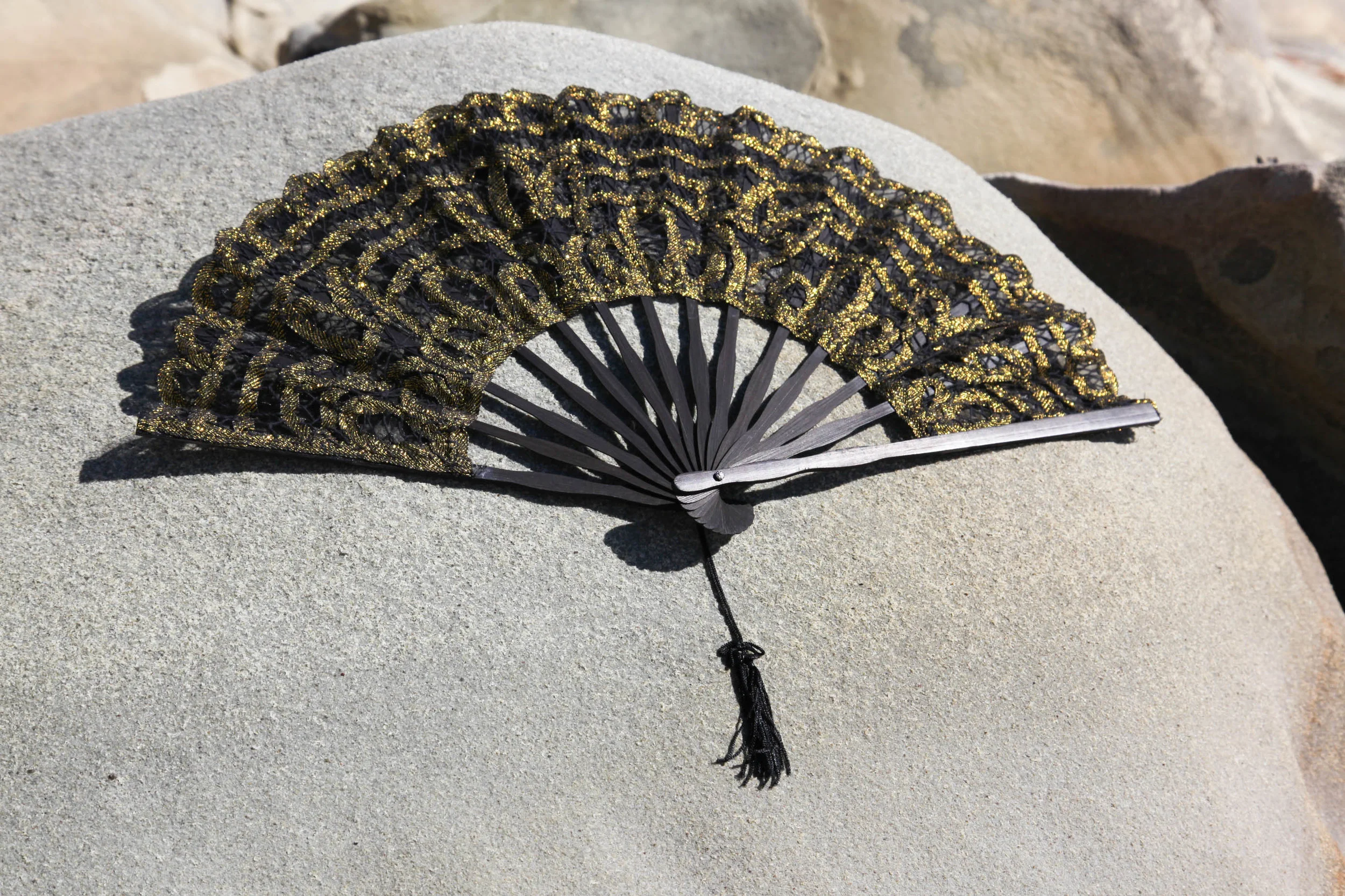 Battenberg Lace Fan - Black and Gold