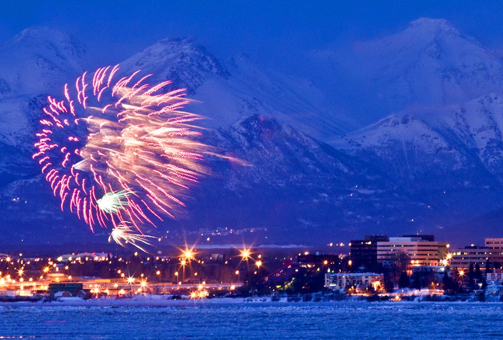 Fireworks over Anchorage to celebrate the annual Fur Rondy Festival 