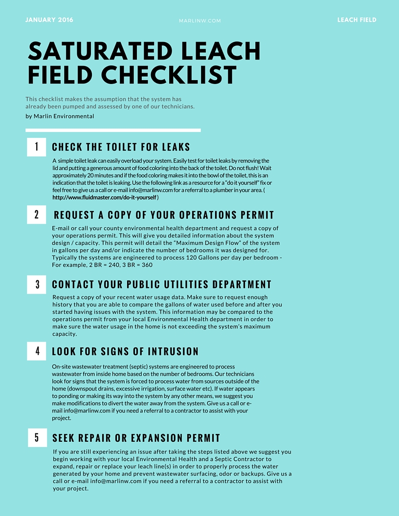 Saturated Leach Field Checklist — MARLIN - Septic Tank Cleaning
